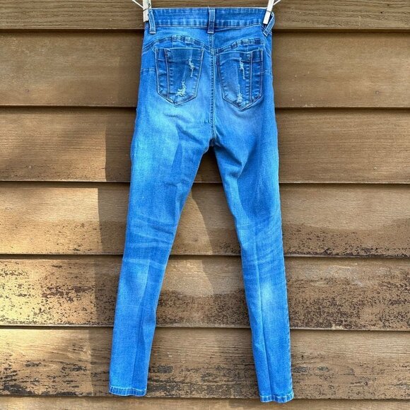 Wax Jeans 'Butt I Love you' Distressed Skinny Mid-Rise Denim Medium Blue Wash - Picture 7 of 13